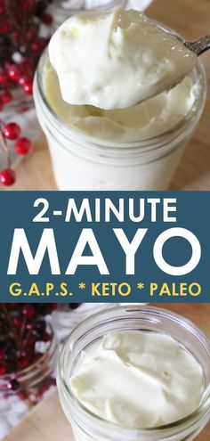 two jars filled with yogurt sitting on top of a wooden table