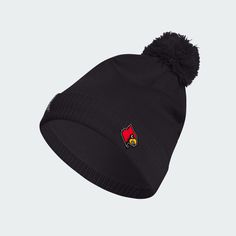 a black beanie with a red and yellow logo on it