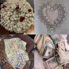 there are four different pictures with money in the shape of a heart and on top is a purse full of cash