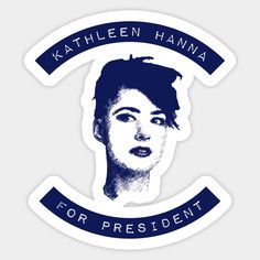 a sticker with the image of a woman's face in blue and white