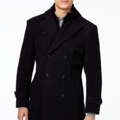 Lauren Ralph Lauren Coat, Wool Pea Coat Black 46r Fitted Black Wool Coat With Double Button Closure, Black Double-breasted Peacoat For Formal Occasions, Black Double Button Peacoat For Work, Formal Black Outerwear With Double Button Closure, Black Formal Outerwear With Double Button Closure, Elegant Black Pea Coat For Spring, Tailored Black Wool Coat With Long Sleeves, Classic Black Double-breasted Pea Coat, Tailored Black Long Sleeve Wool Coat