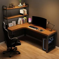 a corner desk with a computer monitor and keyboard on it in front of a bookshelf