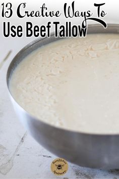 a metal pan filled with batter on top of a white counter next to the words 13 creative ways to use beef tallow