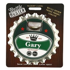 a bottle cap with the word gary on it and a crown in the center