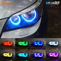 the front lights of a car with different colors