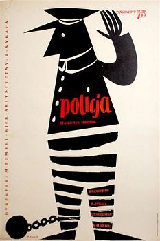 a poster with the word poligia written in red and black on it's side