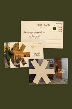 the postcard is designed to look like it has been cut out and placed on top of