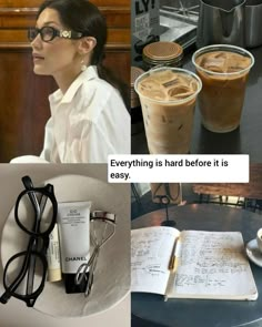 a woman sitting at a table in front of two cups of coffee and an open book