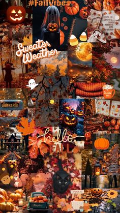 a collage of halloween images with pumpkins, bats and other things in the background