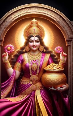 the hindu goddess is holding a pot with flowers in her hand