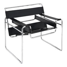 a black chair with chrome frame and armrests