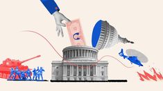 an illustration of a hand reaching for money in front of a capitol building with other images surrounding it