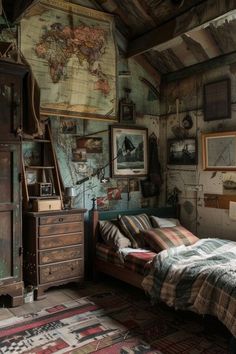 a bedroom with a bed, dresser and map on the wall