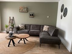 a living room with two couches and a round rug on the floor in front of it