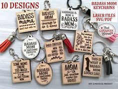 10 keychains with different designs and sayings for mom's day or mother's day