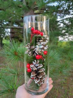 a hand holding a glass vase with pine cones and berries in the center, surrounded by evergreen branches