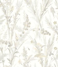 an image of a wallpaper with flowers and leaves on the side, in grey and white