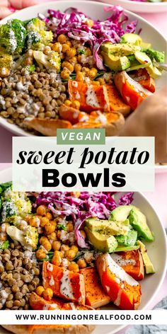 vegan sweet potato bowls with carrots, avocado and red cabbage