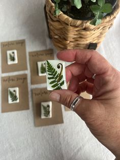 a person holding a small piece of paper with leaves on it in front of some cards