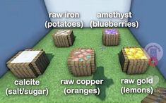 a bunch of different items that are in the minecraft game, including crates and blueberries