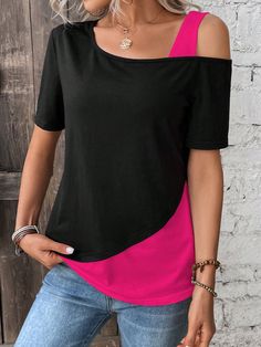 Asymmetrical Tops, Mode Inspiration, Basic Style, Look Chic, Plus Size Tops, T Shirt Top, Contrasting Colors, Sleeve Styles, Color Blocking