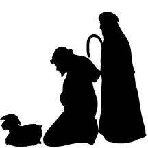 the silhouettes of two people and a dog