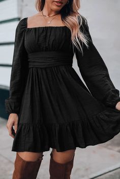 Elevate your style with our Black Ruched Square Neck Puff Sleeve Mini Dress! This solid color dress is versatile and stylish, perfect for any occasion. The high waist design highlights your figure, while the puff sleeves add a feminine and romantic touch. Delicate ruffles offer texture and movement to your outfit. Made from 85% Lyocell and 15% Polyamide, this mini dress is perfect for spring and autumn, with a flared silhouette and high waist. Make a statement with this Southern Belle style mini dress! Puff Sleeve Dress With Ruched Lantern Sleeves, Casual Black Lantern Sleeve Dress, Fall Puff Sleeve Dress In Solid Color, Black Mini Dress With Lantern Sleeves And Ruffles, Fitted Lantern Sleeve Solid Color Dress, Black Mini Dress With Ruffles And Lantern Sleeves, Fitted Solid Color Dress With Lantern Sleeves, Billowy Black Midi Dress For Spring, Black Lantern Sleeve Dress With Ruffles