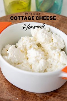 cottage cheese in a white bowl on a wooden cutting board