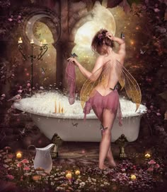 a fairy sitting in a bathtub with her hands on the back of it's wings