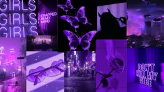 a collage of photos with neon lights and various items in the background, including hands, bones, skulls, and other things