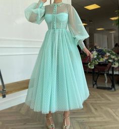 Mint Green Long Lantern Sleeve Ankle Length Dress | Uniqistic.com Ankle Length Dress Formal, High Neck Prom Dress, Punk Dress, Ankle Length Dress, Formal Dresses For Women, Lantern Sleeve, Navy Blue Dresses, Custom Dresses, Lantern Sleeves