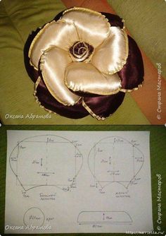 the design for an origami flower is shown in gold and brown, along with instructions on how to make it