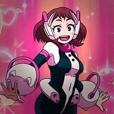 a cartoon character with headphones on her face and hands in front of her body