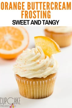 an orange buttercream frosting on top of a cupcake with icing