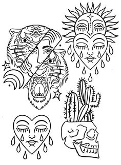 three different faces with hearts and cactuses in the shape of heart, sun and lion