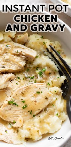 instant pot chicken and gravy in a white bowl with a fork on the side