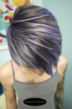 Purple Highlights Brown Hair Short Pixie, Purple Streaks In Grey Hair, Lavender Grey Highlights, Color Streaks In Gray Hair, Fashion Color Pixie Hair, Pixie Colored Hair Ideas, Gray Hair With Purple Highlights Over 50, Hair Color Ideas For Pixie Haircut, Lavender Pixie Hair