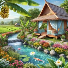 a painting of a garden with flowers and a house next to a pond filled with water lillies