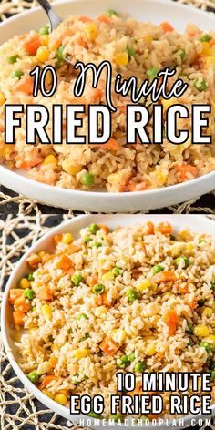 two white bowls filled with rice and vegetables on top of a doily next to the words 10 minute fried rice