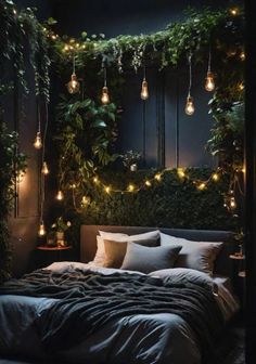 In the realm of interior design, a moody bedroom transcends the ordinary, inviting us into a space where drama and coziness coalesce. Picture walls painted in #home #bedroom #refresh Wiccan Outfits, Coastal Modern Bedroom, Home Haunted House, Diy Bohemian Decor, Bohemian Lighting, Picture Walls, Haunted House Decor, Forest Bedroom, Fall Room Decor