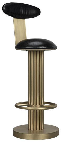 a black and gold bar stool with an armrest that is bent to the side