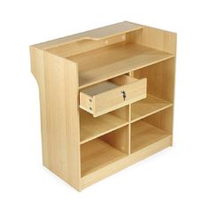 a small wooden shelf with drawers on one side and an open drawer on the other