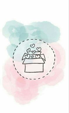 a drawing of a box with hearts in it on a pink and blue watercolor background