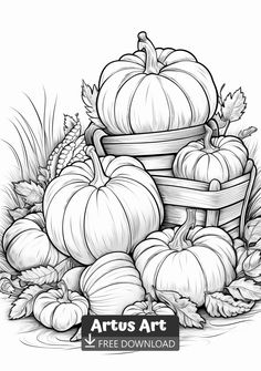 a black and white drawing of pumpkins in a basket on the ground with leaves