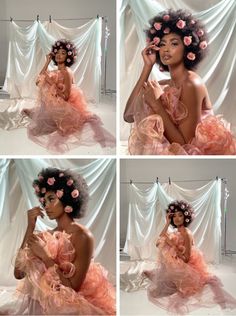 four different pictures of a woman with flowers in her hair sitting on the floor and wearing a pink dress