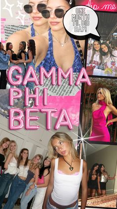 a collage of photos with the words gama phi beta written in pink