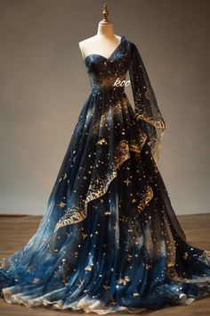 Star Wedding Dresses, Prom Dress Designs Ideas, Moon Themed Dress, Fantasy Star Outfit, Space Themed Dresses, Starry Night Prom Dress Midnight Blue, Star Dress Gowns, Moon Dress Aesthetic, Starry Night Wedding Dress