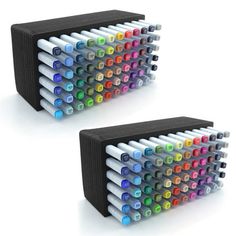 two stacks of colored pens sitting side by side on top of each other in front of a white background