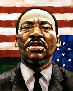 a painting of martin luther king in front of an american flag