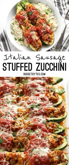 zucchini stuffed with meat, cheese and sauce in a white dish